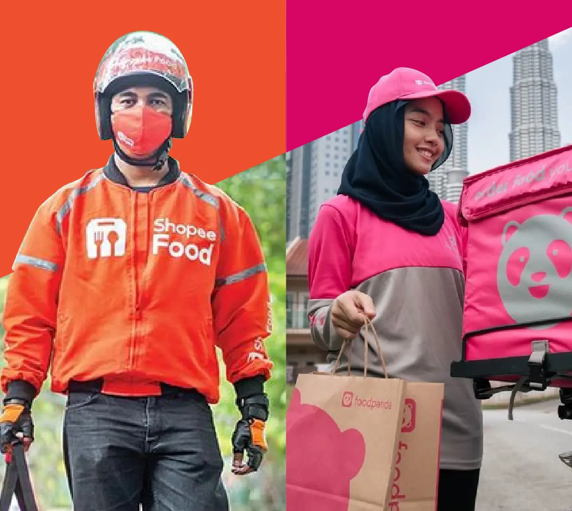 Image shows two different food delivery companies: shopee and foodpanda